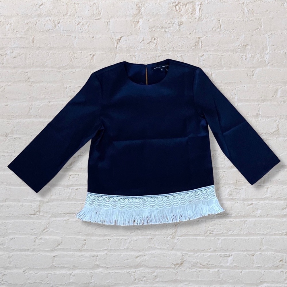 English Factory Navy Fringe Blouse xs NWOT